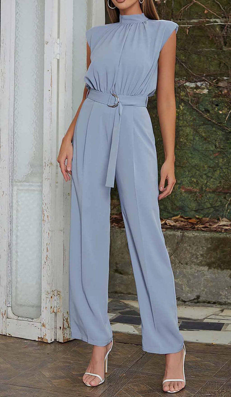 MOCK-NECK BELTED JUMPSUIT IN BLUE