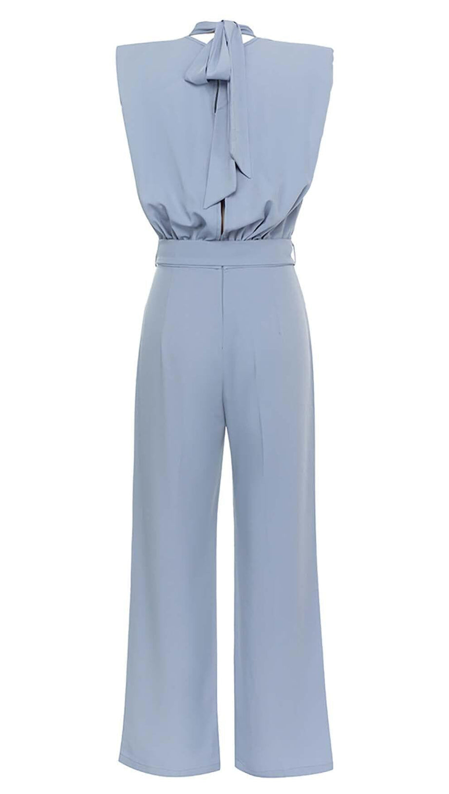 MOCK-NECK BELTED JUMPSUIT IN BLUE
