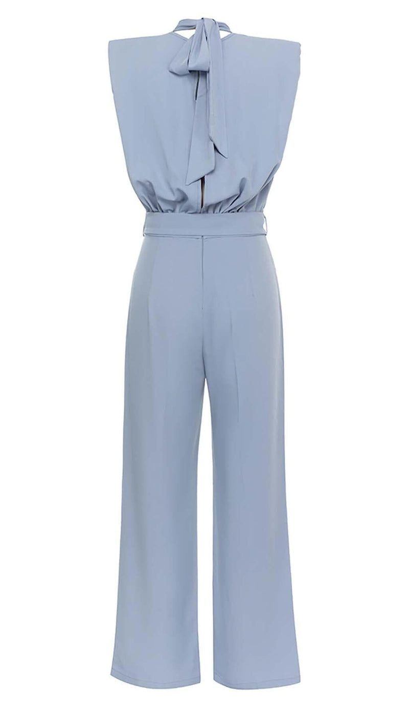 MOCK-NECK BELTED JUMPSUIT IN BLUE