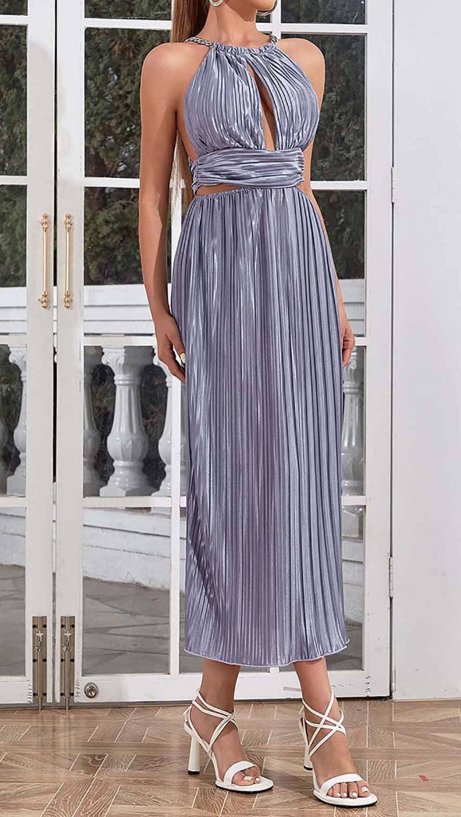 MOCK-NECK SLEEVELESS BELTED MIDI DRESS