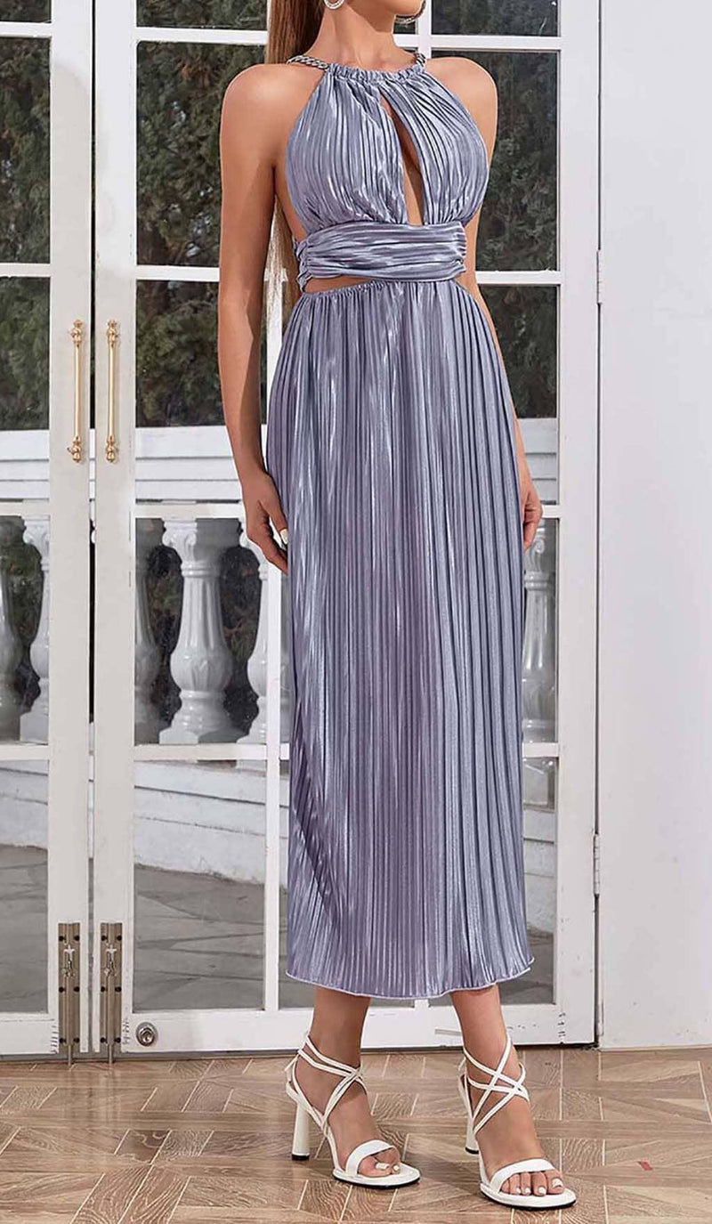 MOCK-NECK SLEEVELESS BELTED MIDI DRESS