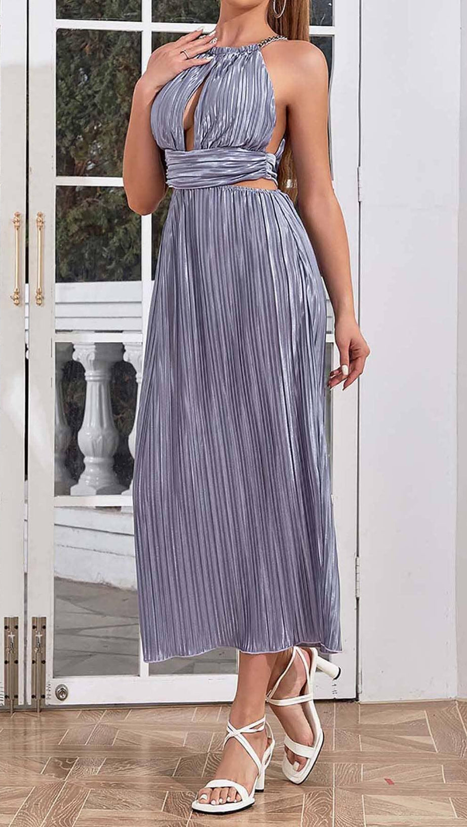 MOCK-NECK SLEEVELESS BELTED MIDI DRESS
