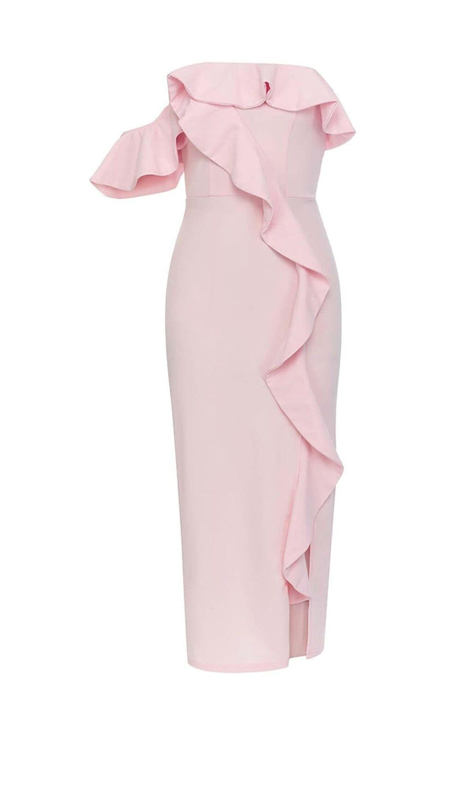 ABITO MIDI MONOSPALLA CON VOLANT ROSA