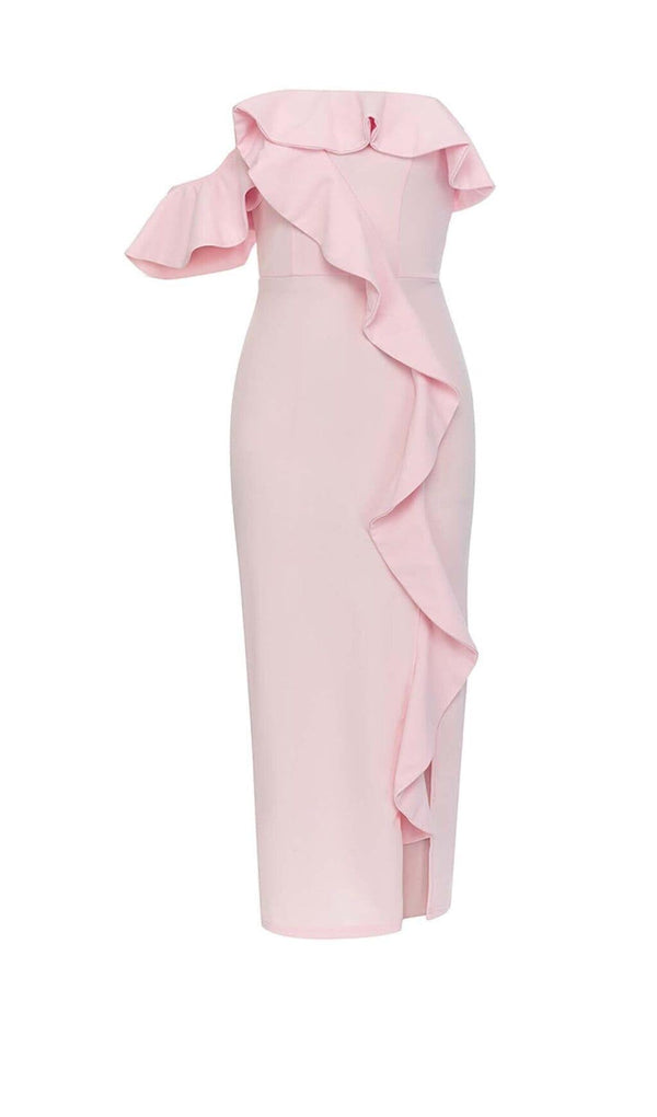 ONE SHOULDER RUFFLE TRIM MIDI DRESS IN PINK