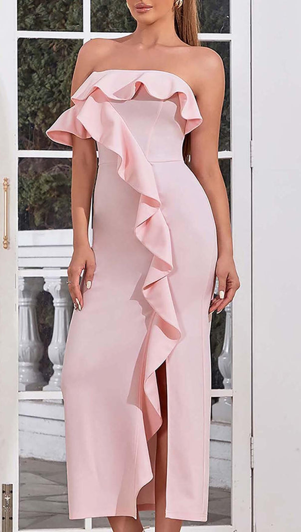 AIIZIE ONE SHOULDER RUFFLE TRIM MIDI DRESS IN PINK - product image