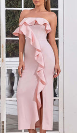 ONE SHOULDER RUFFLE TRIM MIDI DRESS IN PINK