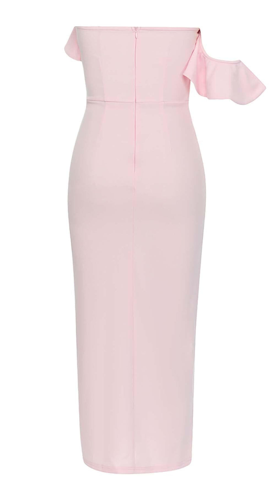 ONE SHOULDER RUFFLE TRIM MIDI DRESS IN PINK
