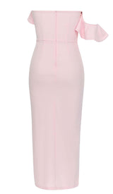 ONE SHOULDER RUFFLE TRIM MIDI DRESS IN PINK