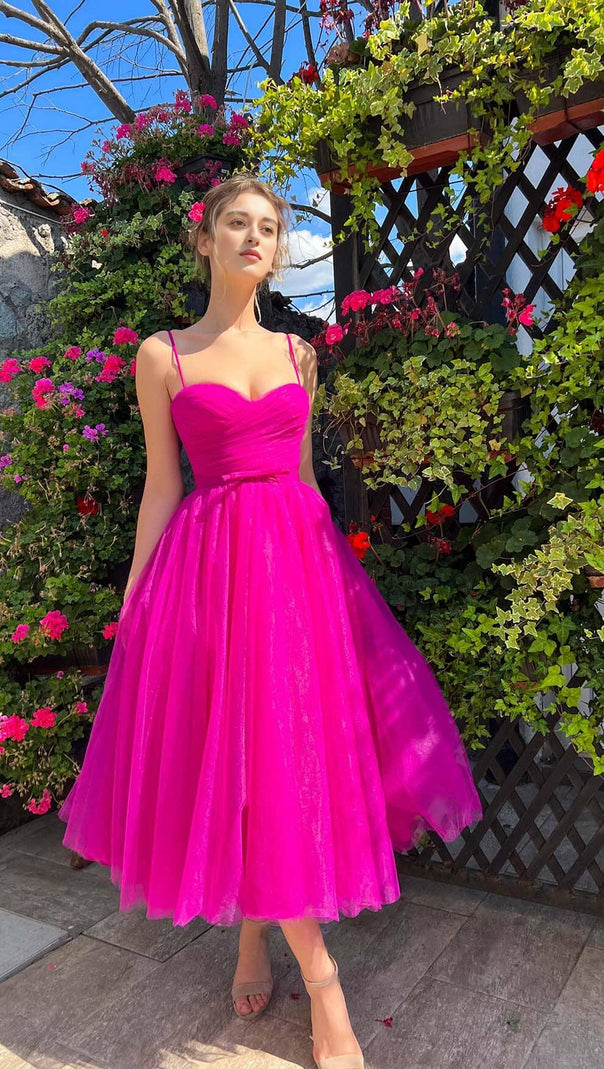 AIIZIE PLEATS SPAGHETTI STRAPS MIDI DRESS IN HOT PINK - product image