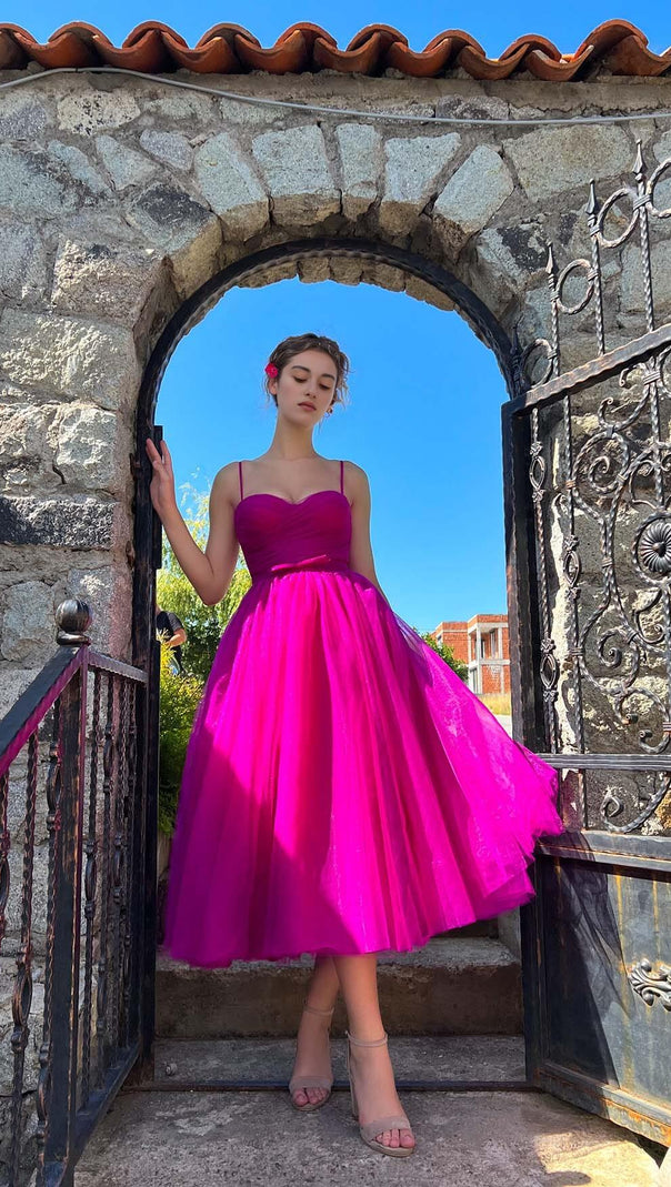 AIIZIE PLEATS SPAGHETTI STRAPS MIDI DRESS IN HOT PINK - product image