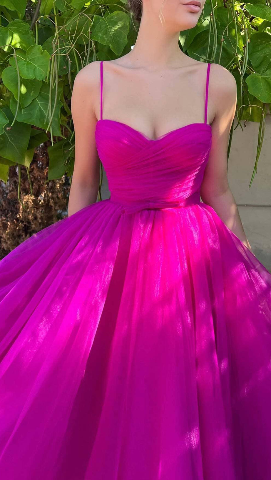 PLEATS SPAGHETTI STRAPS MIDI DRESS IN HOT PINK