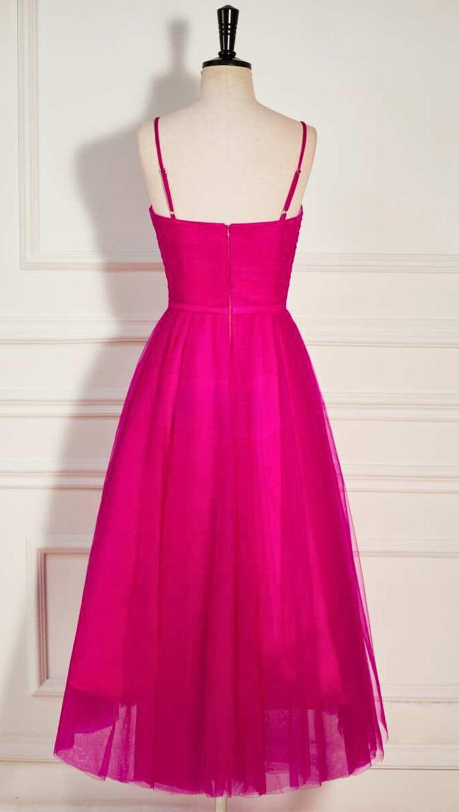 PLEATS SPAGHETTI STRAPS MIDI DRESS IN HOT PINK