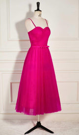 PLEATS SPAGHETTI STRAPS MIDI DRESS IN HOT PINK