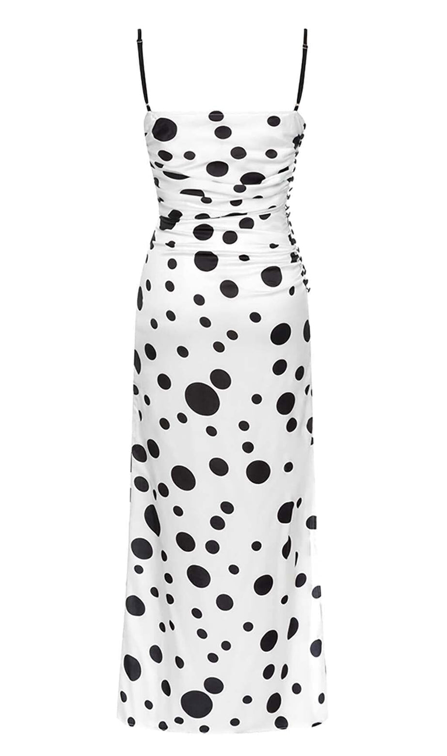 POLKA DOT PRINT RUCHED MERMAID MAXI DRESS