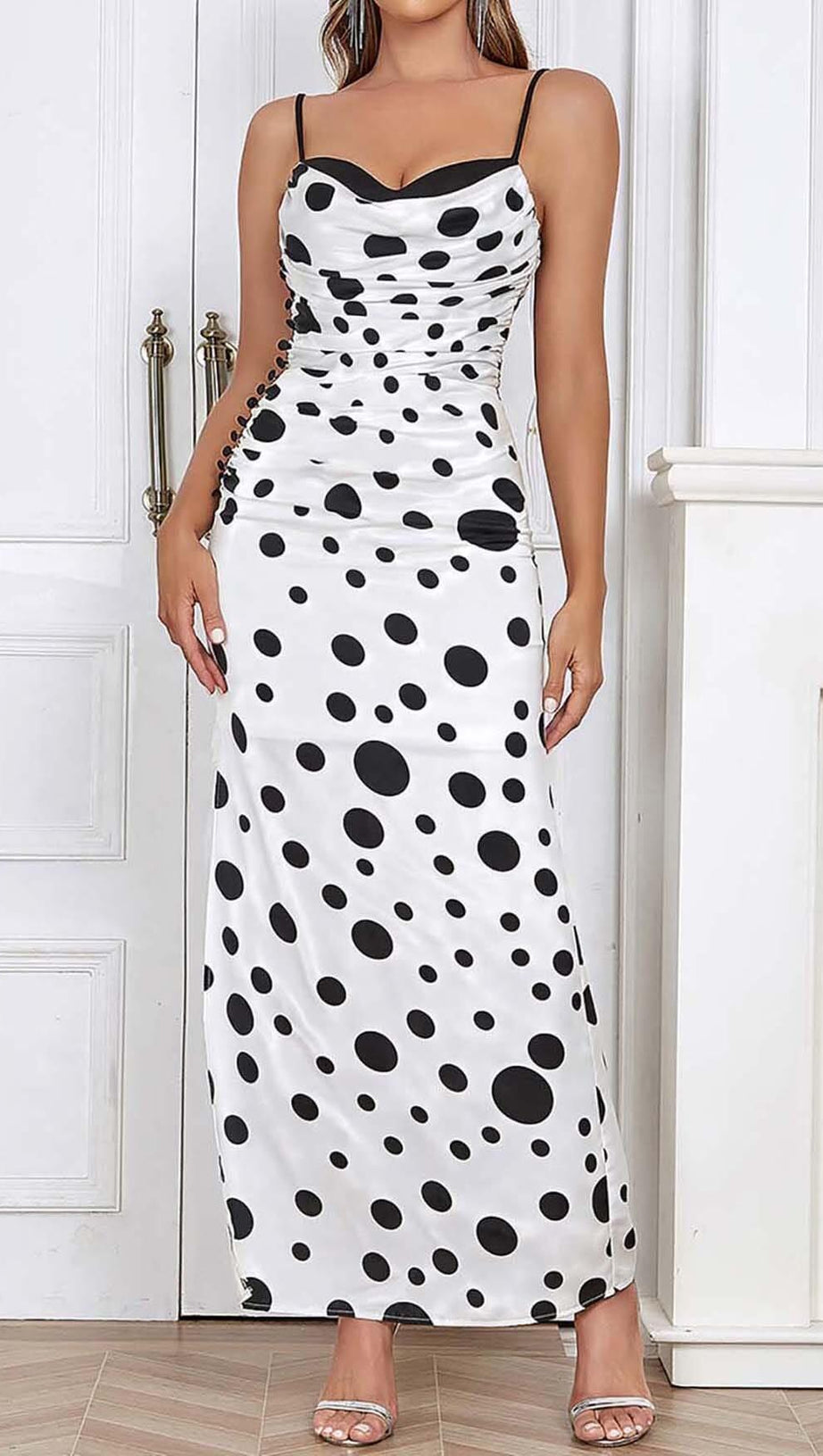 POLKA DOT PRINT RUCHED MERMAID MAXI DRESS