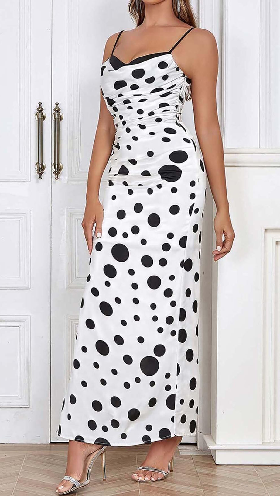 POLKA DOT PRINT RUCHED MERMAID MAXI DRESS