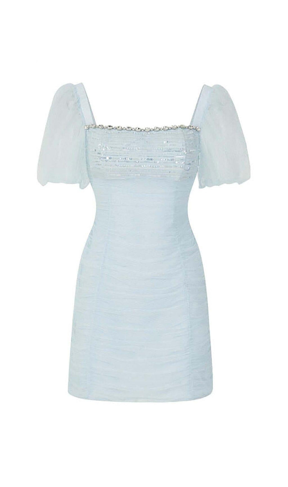 MINI ABITO PROSPETTICO CON MANICHE A SBUFFO IN AZZURRO CIELO