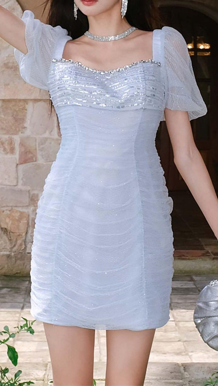 PUFF SLEEVE PERSPECTIVE MINI DRESS IN SKY BLUE