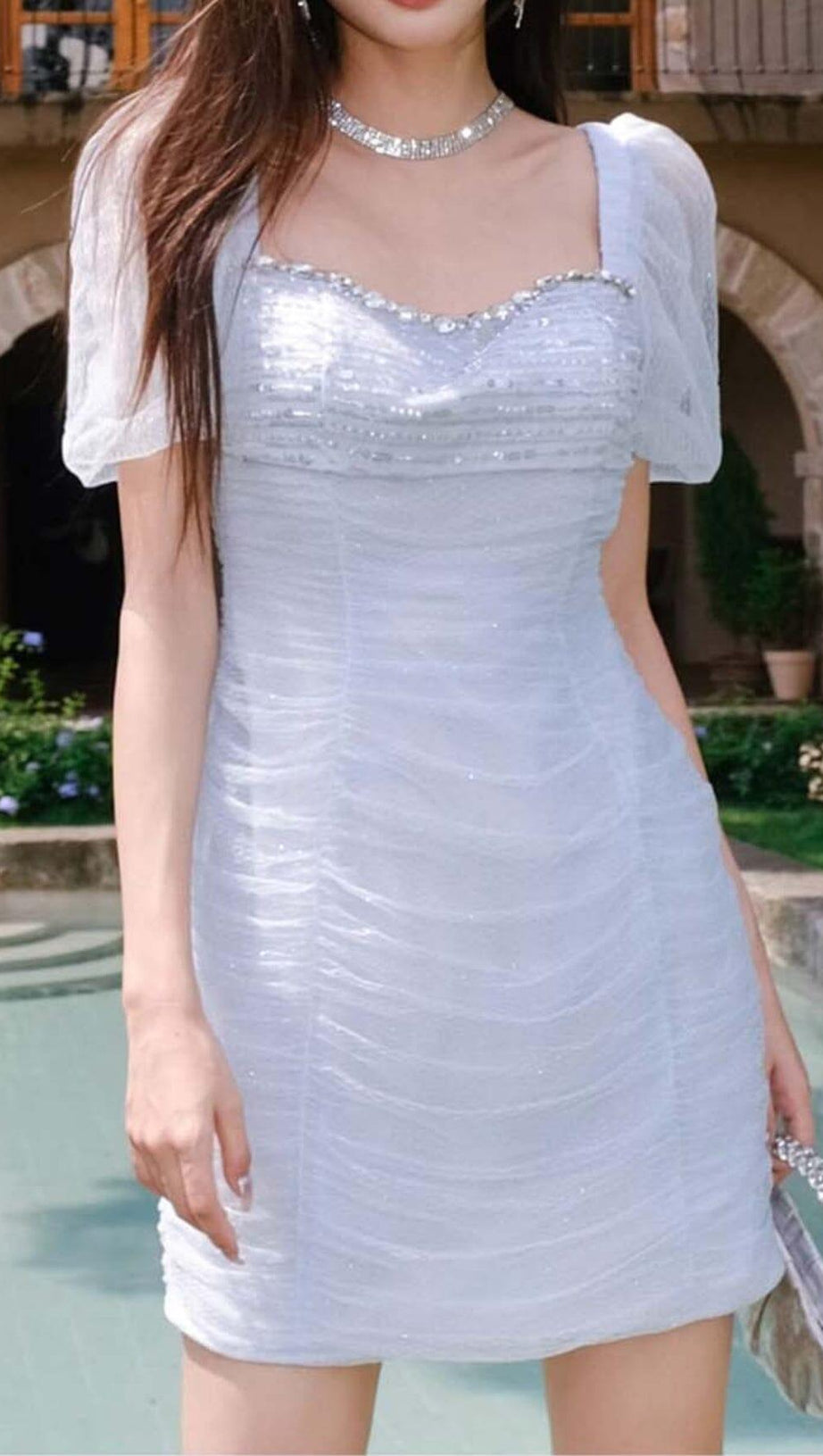 PUFF SLEEVE PERSPECTIVE MINI DRESS IN SKY BLUE