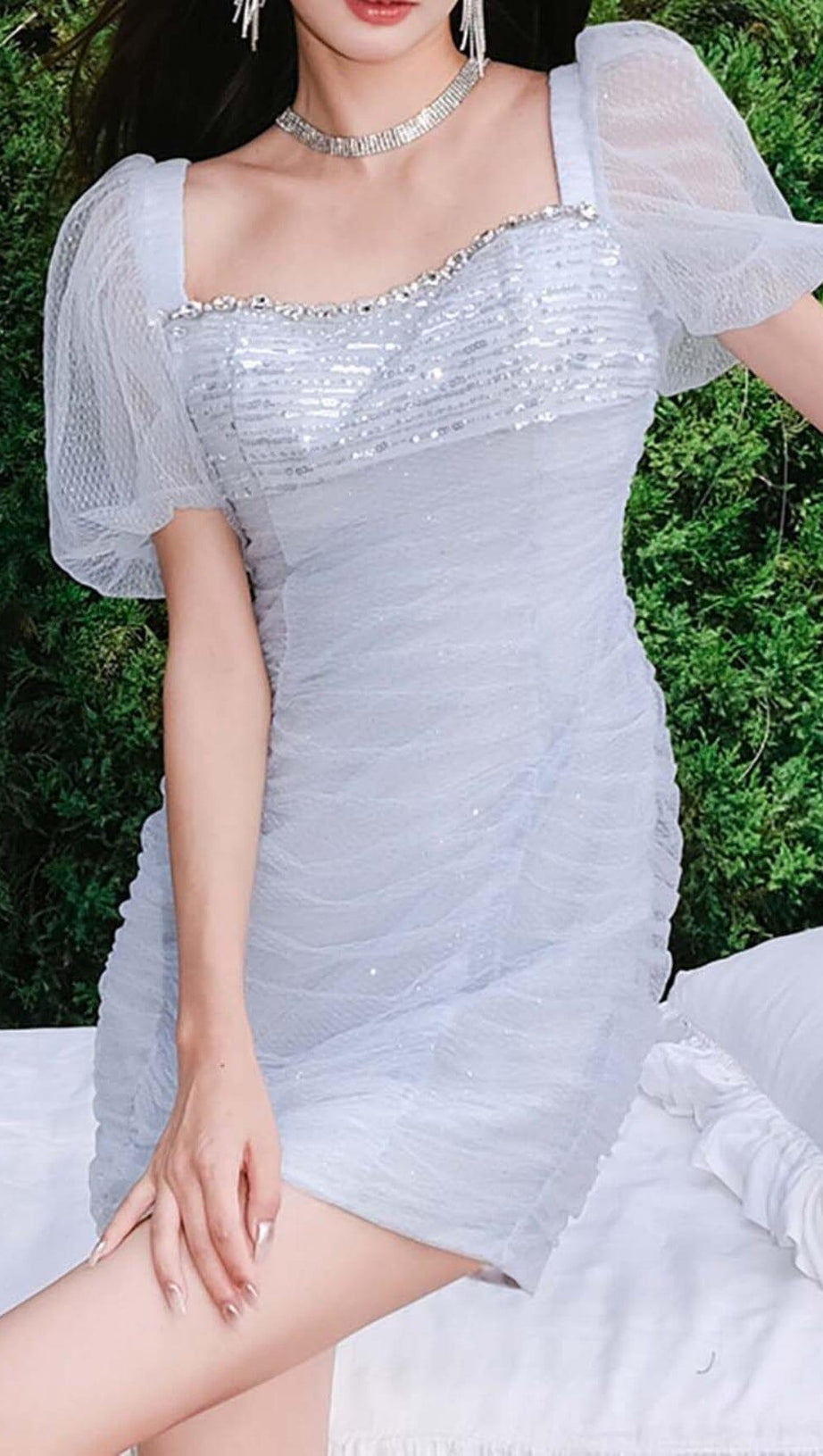 PUFF SLEEVE PERSPECTIVE MINI DRESS IN SKY BLUE