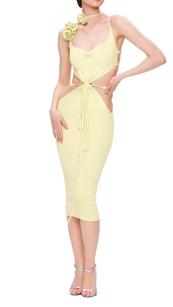 AIIZIE RIBBED CUT OUT MIDI DRESS IN YELLOW - product image