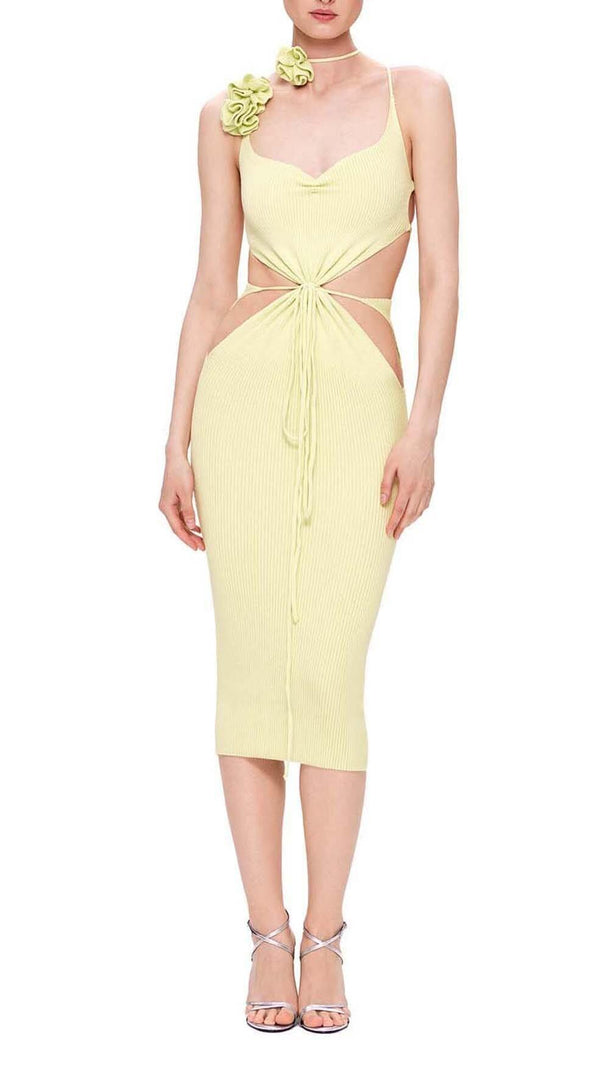 AIIZIE RIBBED CUT OUT MIDI DRESS IN YELLOW - product image