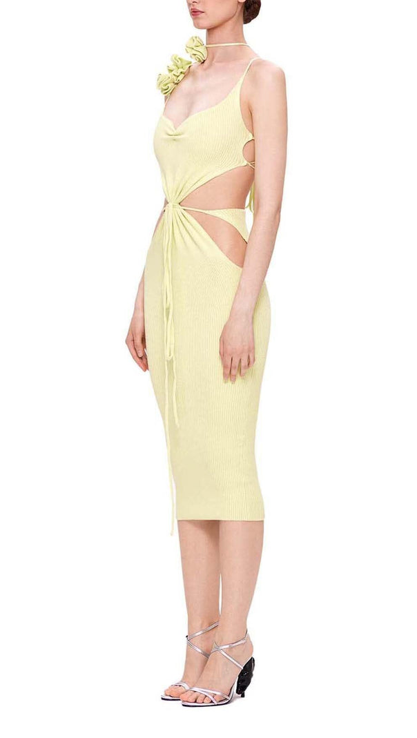 AIIZIE RIBBED CUT OUT MIDI DRESS IN YELLOW - product image