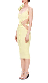 RIBBED CUT OUT MIDI DRESS IN YELLOW