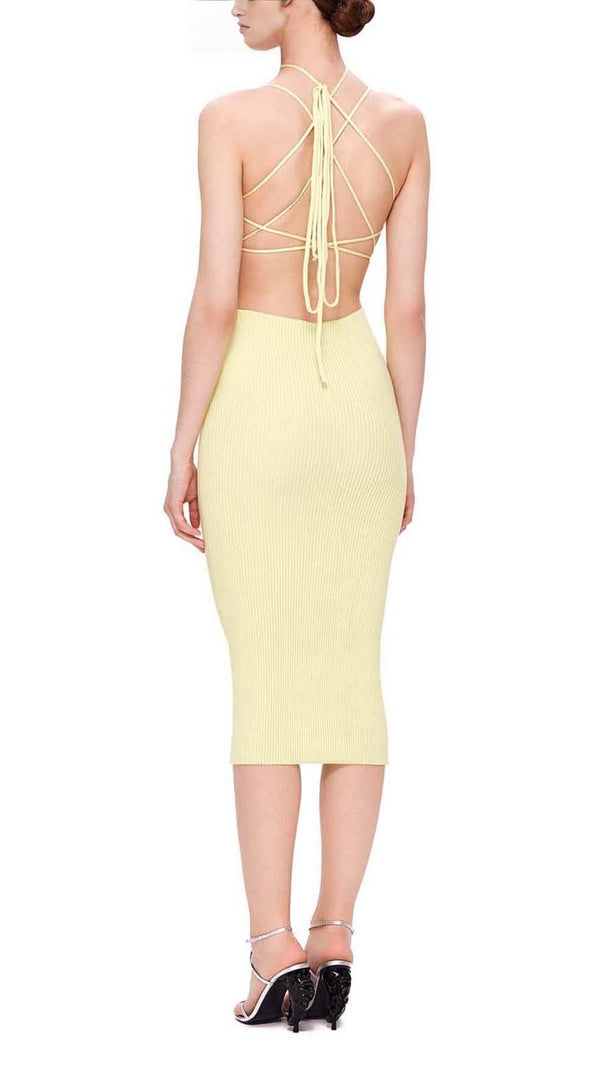 AIIZIE RIBBED CUT OUT MIDI DRESS IN YELLOW - product image