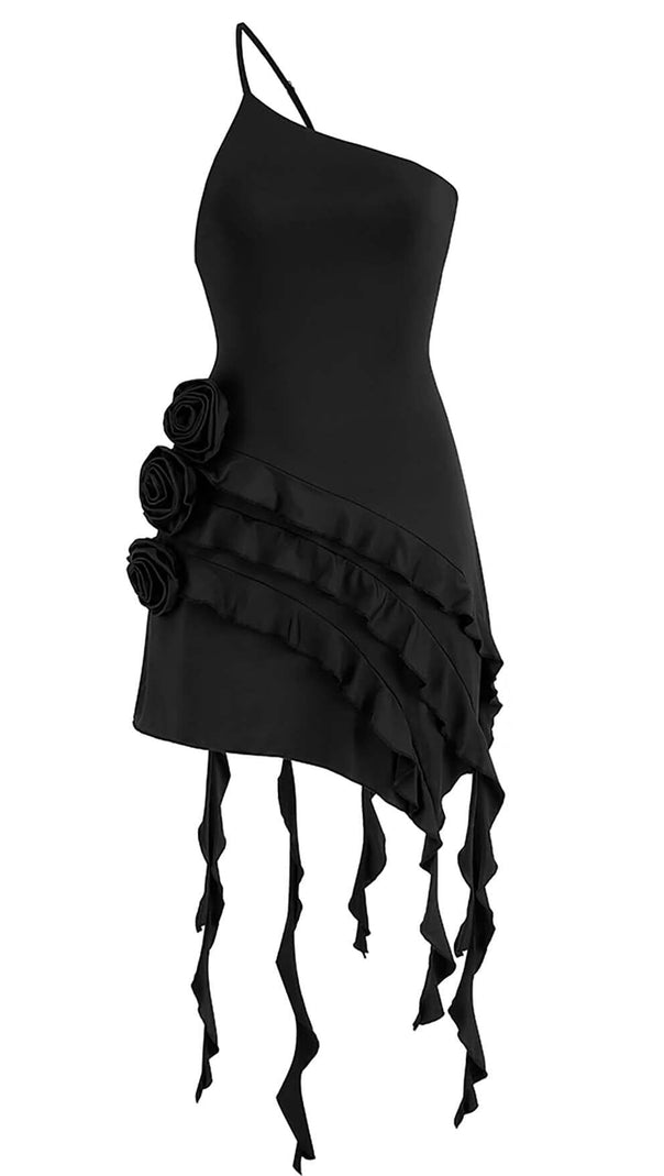 AIIZIE ROSE-DETAIL RUFFLED MINI DRESS IN BLACK - product image