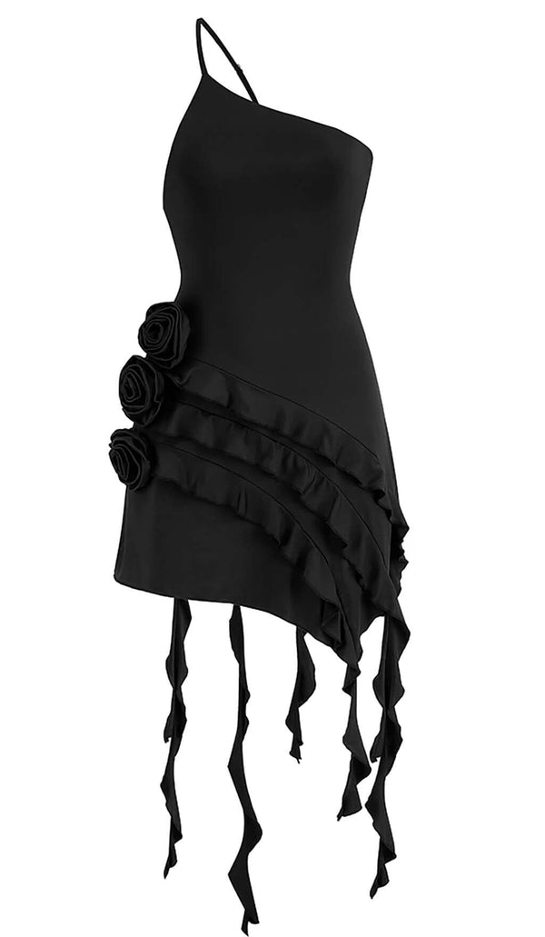 ROSE-DETAIL RUFFLED MINI DRESS IN BLACK