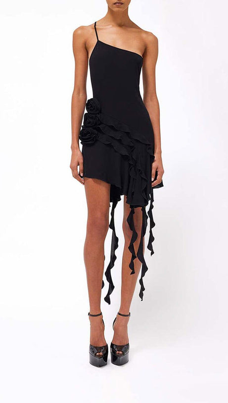 ROSE-DETAIL RUFFLED MINI DRESS IN BLACK