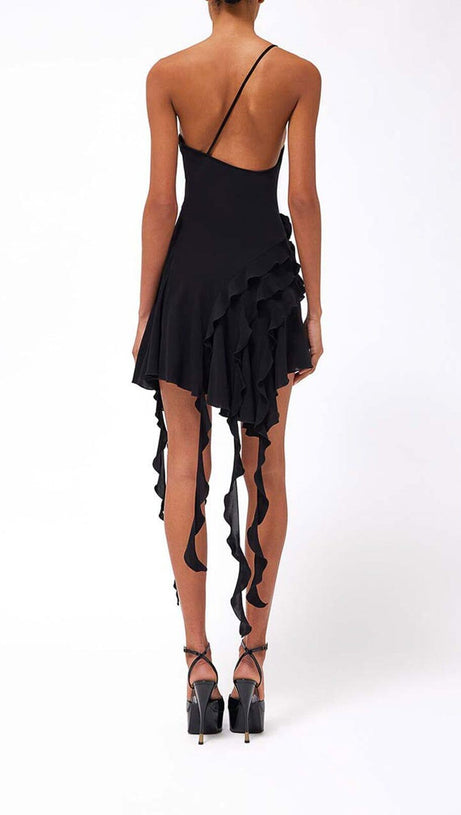ROSE-DETAIL RUFFLED MINI DRESS IN BLACK