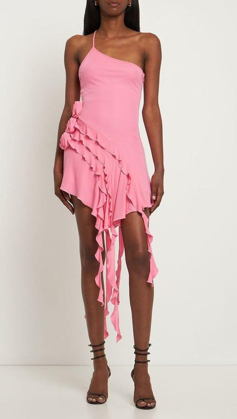 ROSE-DETAIL RUFFLED MINI DRESS IN PINK