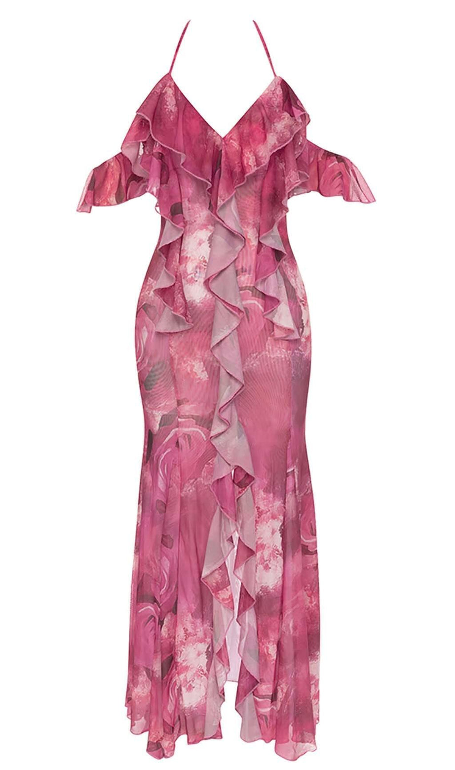 RUFFLE-TRIM PAISLEY-PRINT MAXI DRESS IN PINK