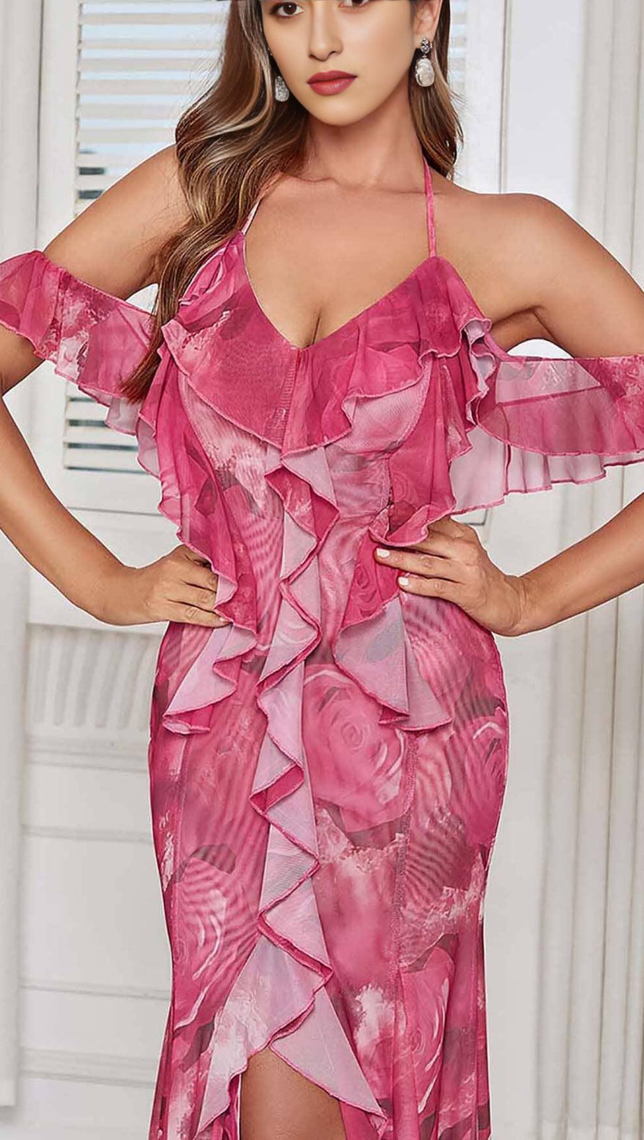 ABITO LUNGO CON STAMPA PAISLEY E BORDI A VOLANT ROSA