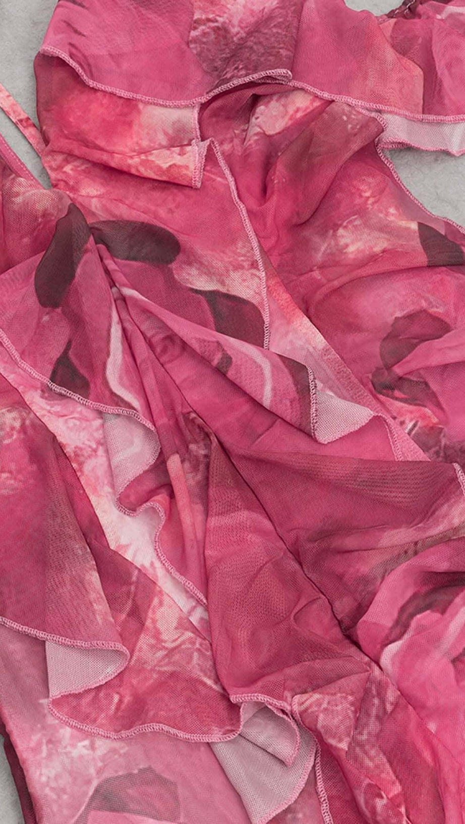 ABITO LUNGO CON STAMPA PAISLEY E BORDI A VOLANT ROSA