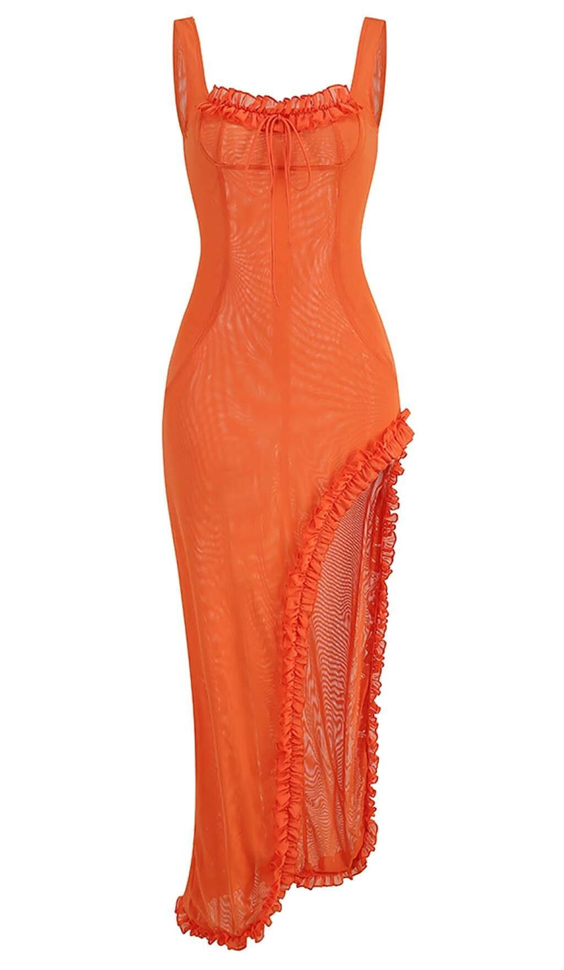 SHEER RUFFLED MAXI DRESS IN ORANGE