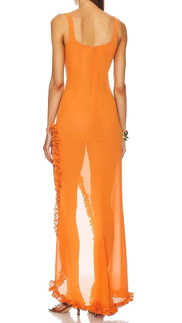 AIIZIE SHEER RUFFLED MAXI DRESS IN ORANGE - product image