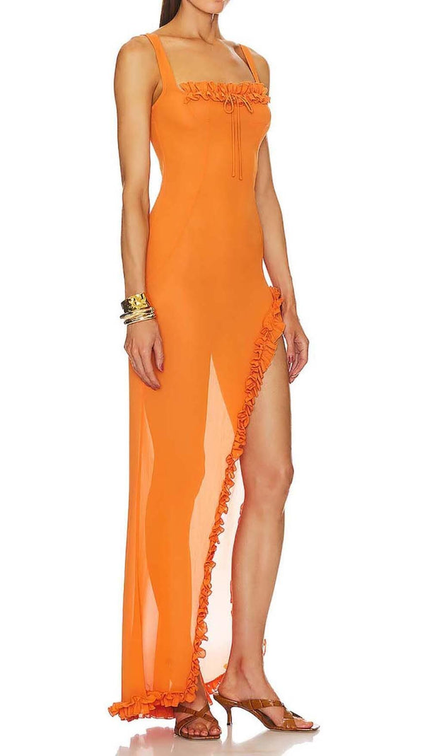 AIIZIE SHEER RUFFLED MAXI DRESS IN ORANGE - product image