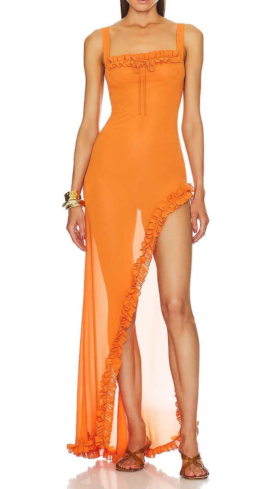SHEER RUFFLED MAXI DRESS IN ORANGE