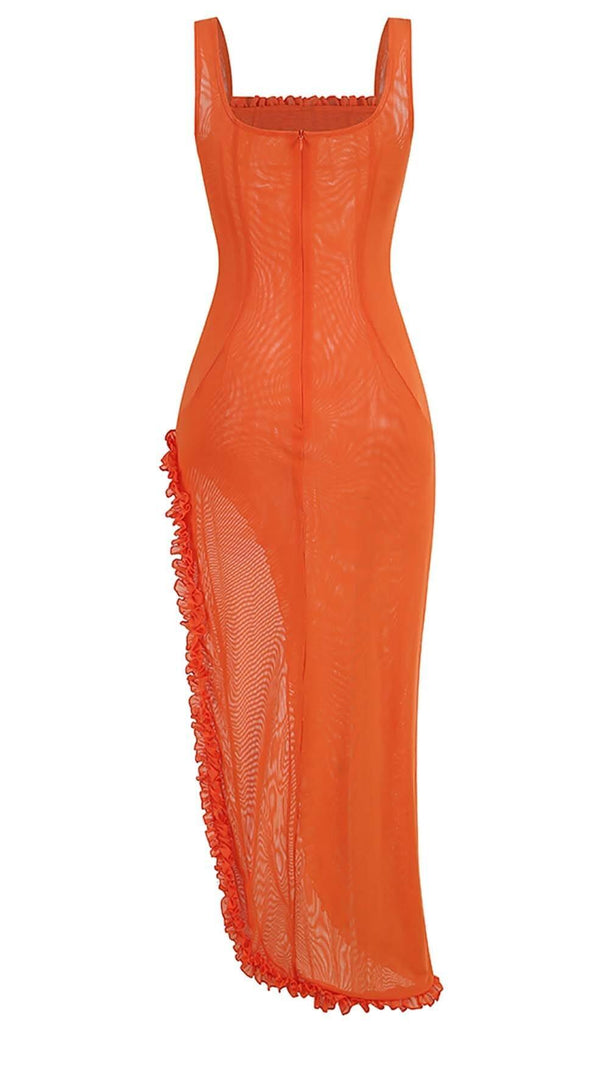 AIIZIE SHEER RUFFLED MAXI DRESS IN ORANGE - product image