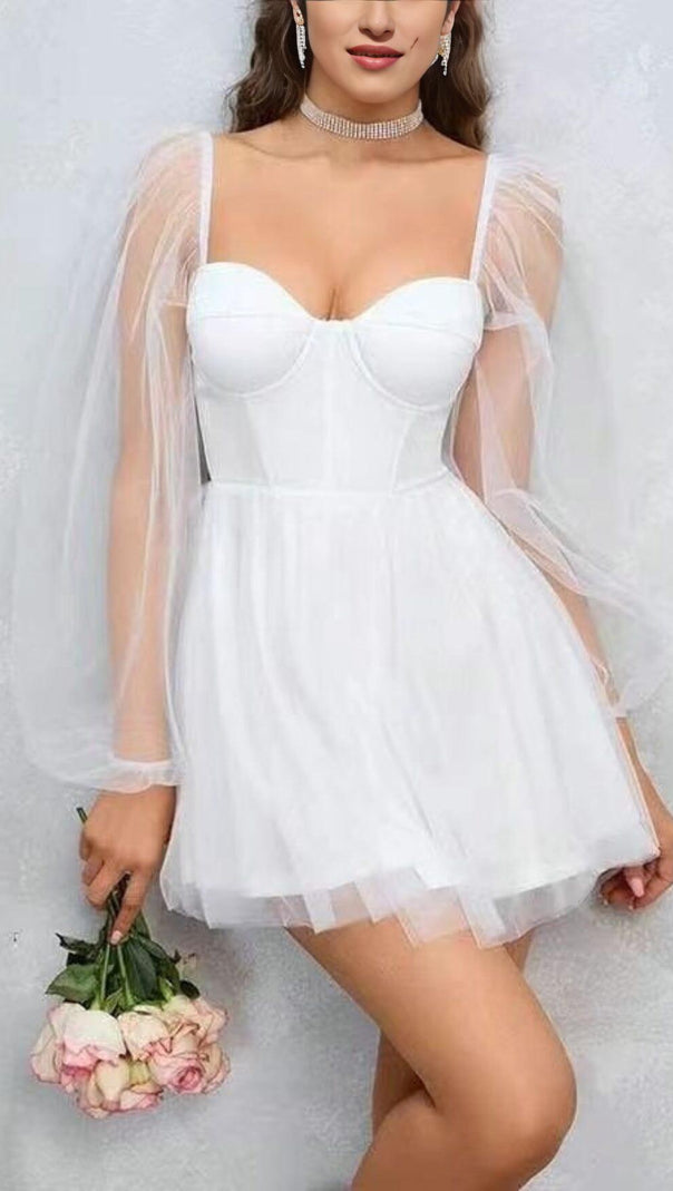 AIIZIE FAIRYTALE DREAM SHEER SLEEVE MINI DRESS WHITE - product image