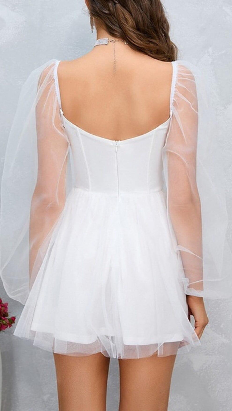 FAIRYTALE DREAM SHEER SLEEVE MINI DRESS WHITE