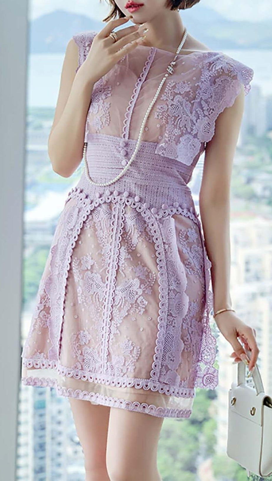 SLEEVELESS LACE A-LINE MINI DRESS IN LILAC
