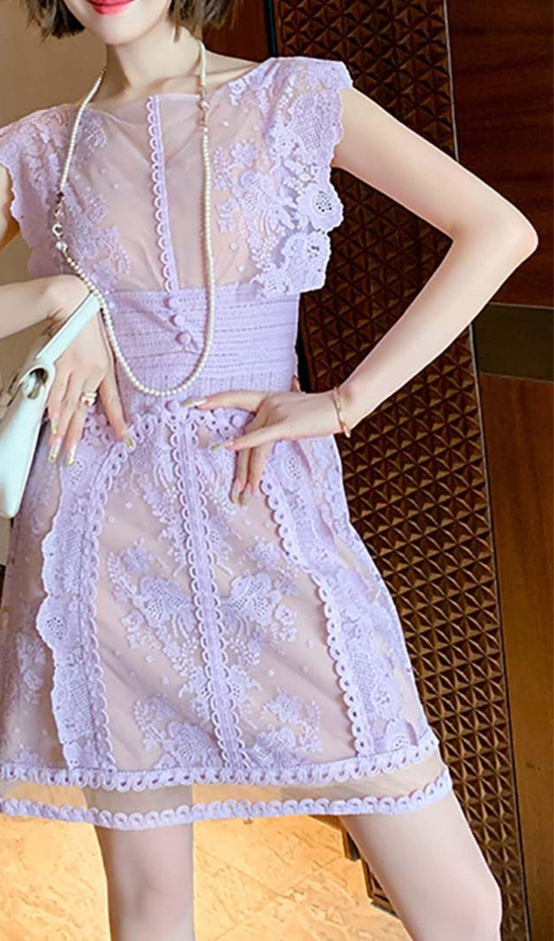 SLEEVELESS LACE A-LINE MINI DRESS IN LILAC