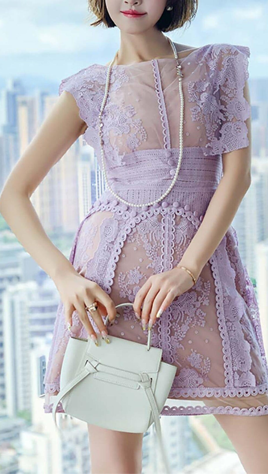 SLEEVELESS LACE A-LINE MINI DRESS IN LILAC