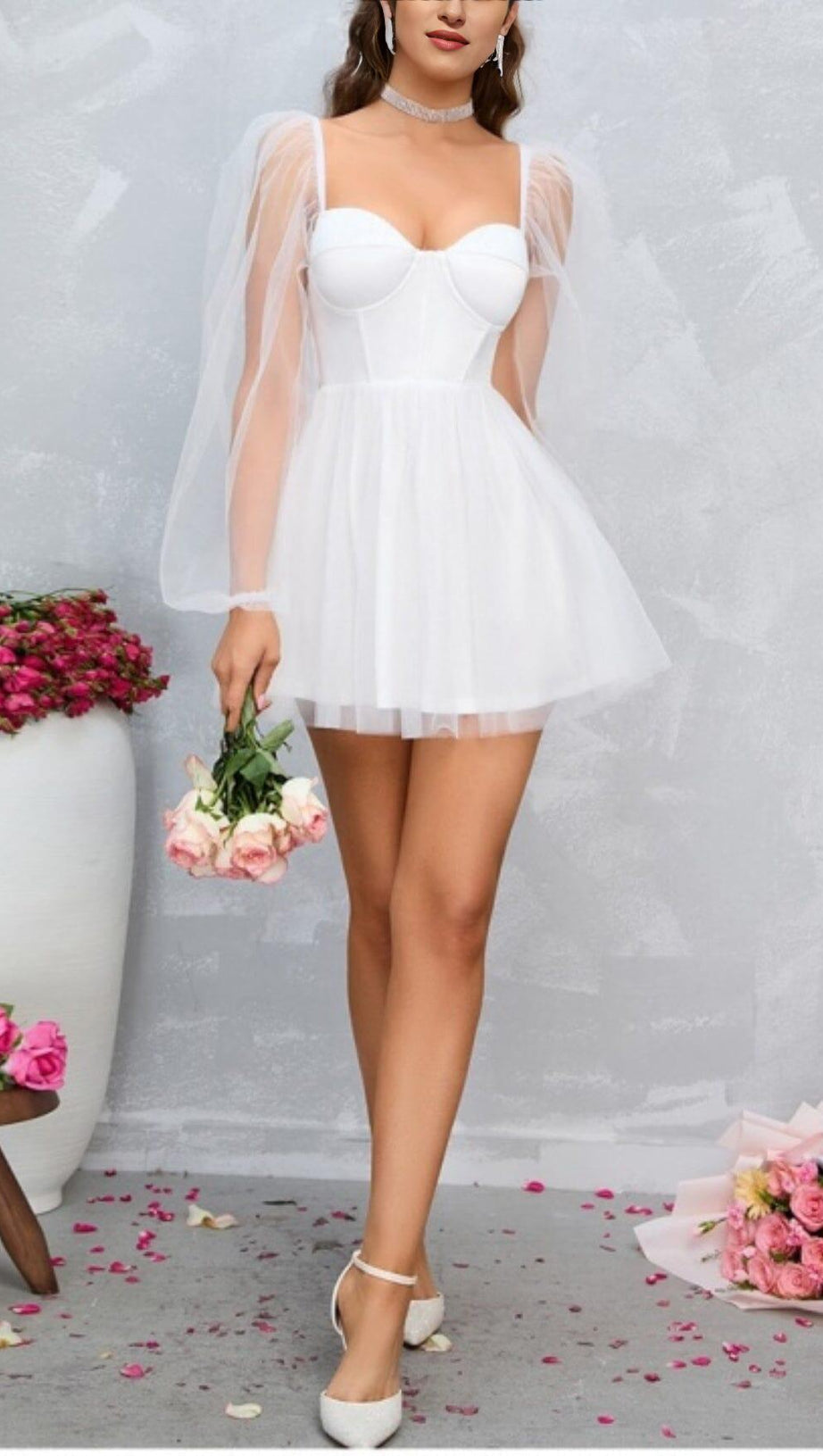 FAIRYTALE DREAM SHEER SLEEVE MINI DRESS WHITE