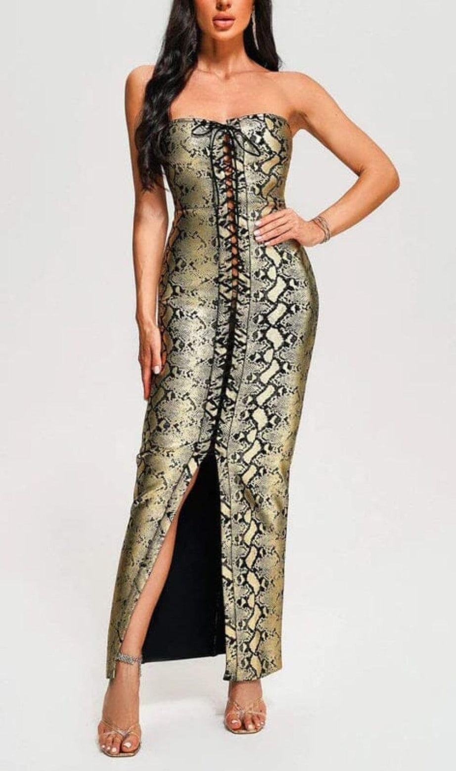 SNAKE PRINT LACE UP MIDI DRESS
