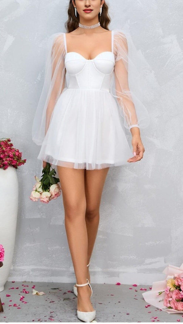 AIIZIE FAIRYTALE DREAM SHEER SLEEVE MINI DRESS WHITE - product image